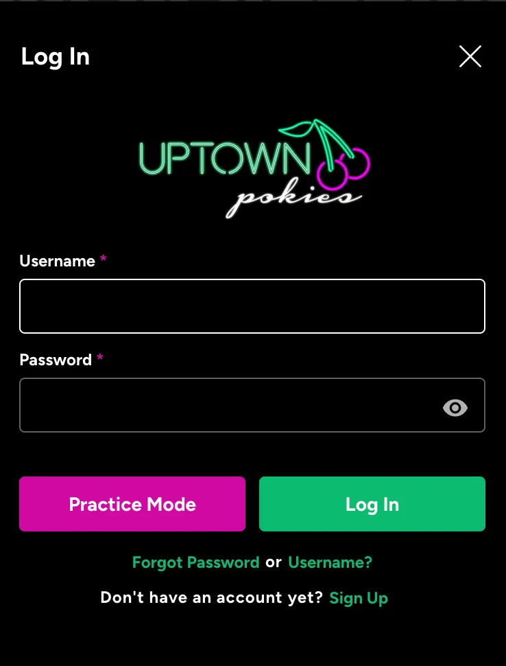 uptown-pokies-casino login page