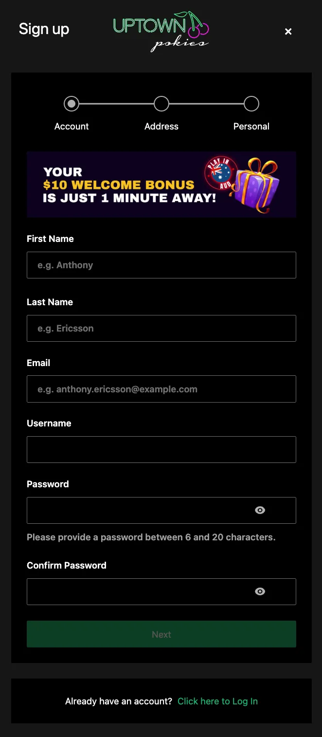 uptown-pokies-casino signup page